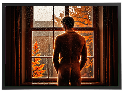 En mand står ved et vindue og ser ud på en regnfuld efterårsdag, omgivet af gyldne blade.