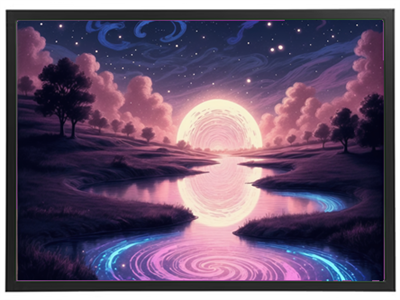 En farverig nattehimmel med en stor måne, reflekteret i en stille flod, omkranset af træer.