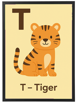 Et farverigt billede af en sød tiger med bogstavet T, der introducerer børn til alfabetet.