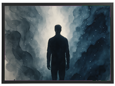 En silhuet af en person står foran en stjernehimmel, omgivet af tåge og mystik.