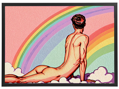 Et farverigt kunstværk, der viser en nøgen mand, der ligger på skyer med en regnbue i baggrunden.