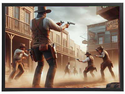 En intens skudveksling mellem cowboys i en støvet, historisk by.