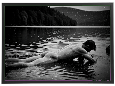 Et sort-hvidt billede af en mand, der ligger i vandet med ansigtet nedad.