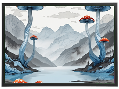 En surrealistisk scene med store, farverige svampe ved en stille sø omgivet af bjerge.