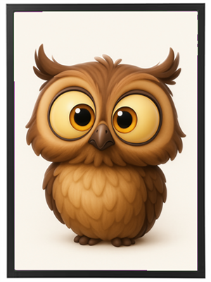 En charmerende, tegneserieagtig ugle med brune fjer og store, udtryksfulde øjne.