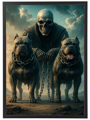 Et dramatisk billede af en skeletfigur med to muskuløse hunde, der står i et dystopisk landskab.