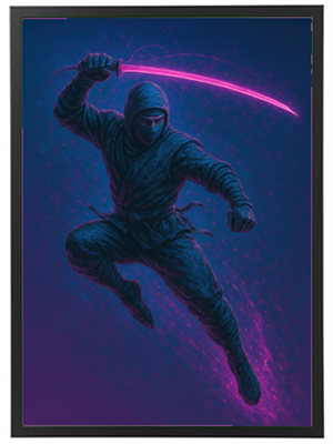 Et dramatisk billede af en ninja, der springer med et lysende, pink sværd i en mørk baggrund.