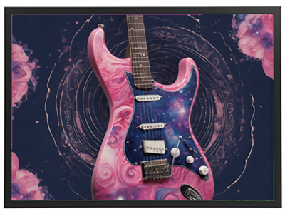 En unik elektrisk guitar med et pink og galakse-inspireret design på en blomsterbaggrund.