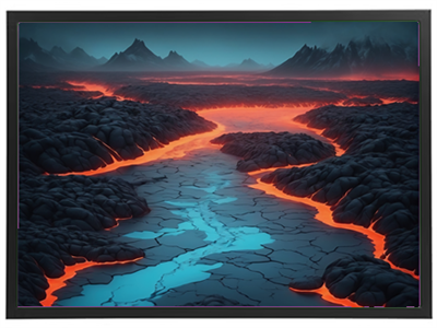 Et dramatisk landskab med flydende lava og en blå flod, der skaber kontrast i en vulkansk scene.