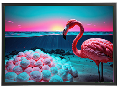 En smuk flamingo står ved kanten af et farverigt hav, omgivet af is-lignende kugler.