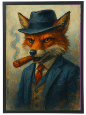 Et portræt af en antropomorf ræv iført en hat og smoking, der ryger en cigar.
