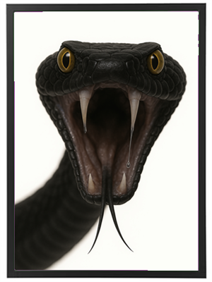 Et nærbillede af en sort slange, der viser sine skarpe tænder og udstøder spyt.