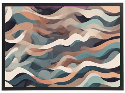 Et moderne abstrakt billede med bølgende former og bløde farver i nuancer af blå, beige og brun.