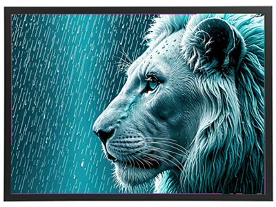 Et kunstnerisk billede af en løve, der står i regnvejr med blå nuancer.