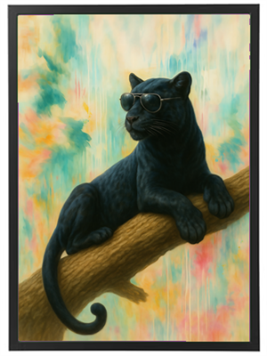 En sort panter iført solbriller, der ligger afslappet på en gren med en farverig baggrund.