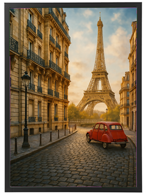 Et malerisk gadebillede med en rød bil og Eiffeltårnet i baggrunden under en gylden himmel.