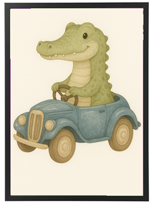 En sød krokodille kører i en lille blå bil, smilende og glad.