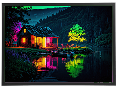 Et malerisk hus ved en sø, oplyst af farverige lys og omgivet af frodig vegetation.