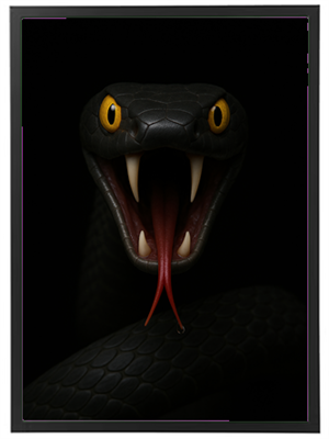 Et nærbillede af en sort slange med åbent gab og gule øjne, der viser sin tunge.