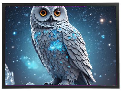 En detaljeret og farverig illustration af en ugle med glitrende fjer i en stjerneklar nat.