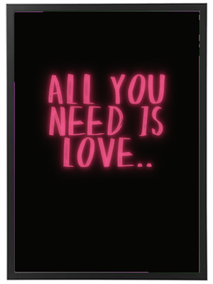 Billedet viser en neonlignende tekst på sort baggrund med budskabet All You Need Is Love...