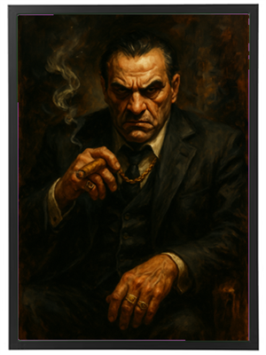 Et portræt af en alvorlig mand iført jakkesæt, der holder en pibe og ser intenst på beskueren.