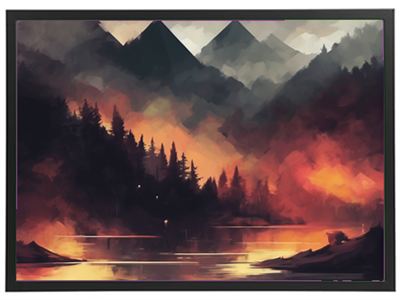 Et farverigt og abstrakt billede af bjerge og en sø, oplyst af skumringslys.