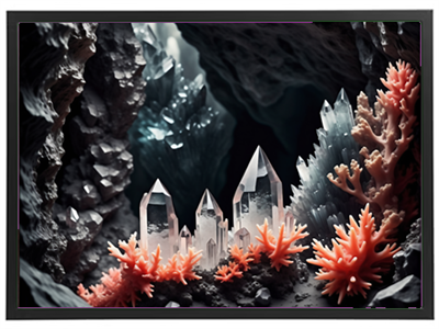 Et smukt undervandsbillede med krystaller og farverige koraller i en grotte.