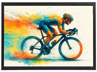 En dynamisk akvarelillustration af en cyklist i fart, omgivet af farverige sprøjt.