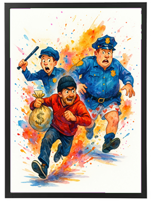 En humoristisk illustration af en mand, der stjæler penge og bliver jagtet af to politibetjente.