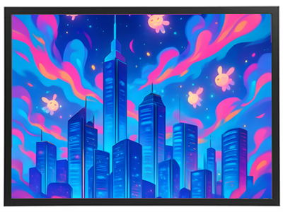 Et livligt og farverigt bylandskab med høje skyskrabere og drømmende skyer.