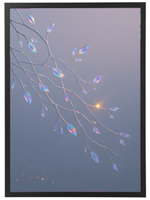 Et smukt billede af grene med glitrende, farverige krystalblade på en blød baggrund.