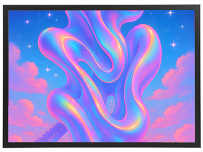 Et surrealistisk billede med bølgende former i pastelfarver mod en blå himmel med skyer.