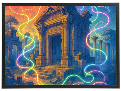 Billedet viser en farverig, mystisk ruin med lysende neonstræk, der skaber en drømmeagtig atmosfære.