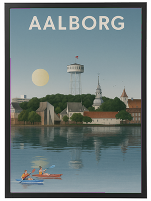Illustration af Aalborg med vand, bygninger og en solrig himmel.