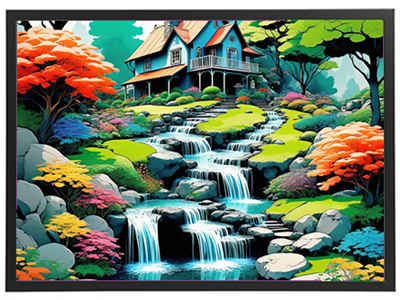 Et farverigt landskab med en malerisk hytte, vandfald og blomstrende træer.