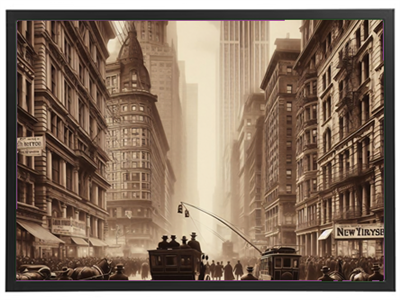 Et sepia-tonet billede af en travl gade i New York med hestevogne og høje bygninger.