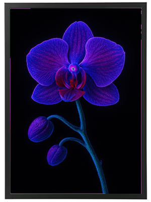 En detaljeret og farverig fremstilling af en lilla orkidé med knopper, på sort baggrund.