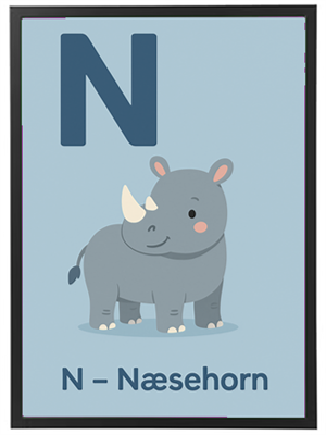 Et farverigt billede af et næsehorn med bogstavet N, designet til læring.