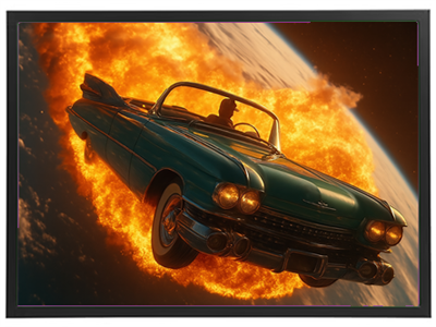 En vintage bil svæver gennem rummet med en solopgang i baggrunden.