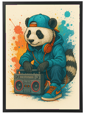 En farverig illustration af en panda iført streetwear med en boombox og hovedtelefoner.