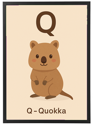 Et sødt, tegnet billede af en quokka med bogstavet Q over.