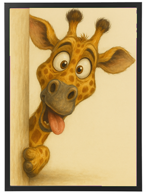 En sjov og farverig tegning af en giraffe, der kigger frem med et stort smil.