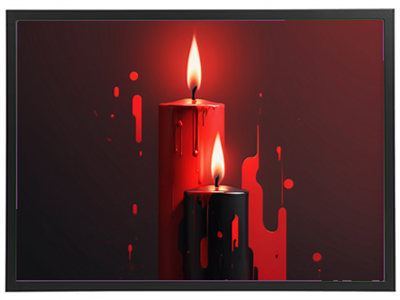 Et kunstnerisk billede af to stearinlys, et rødt og et sort, med flammer og voksdråber.