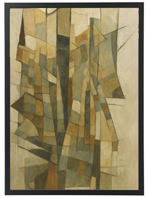 Et abstrakt maleri med geometriske former og nuancer af brune og grønne farver.