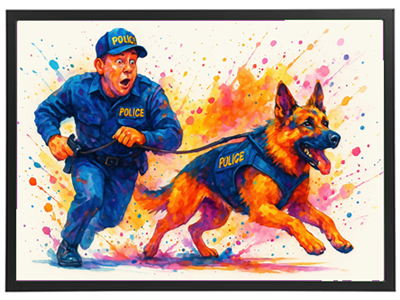 En farverig illustration af en politibetjent, der løber med en hund, iført politivest.
