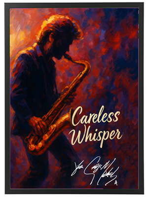 Et maleri af en saxofonist i silhuet, der spiller med intensitet og passion.