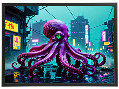 En farverig blæksprutte med grønne øjne står på en regnvåd gade i en neonbelyst by.