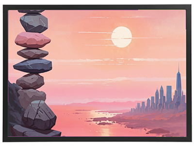 Et kunstnerisk billede af stablede sten mod en smuk solnedgang over en by.