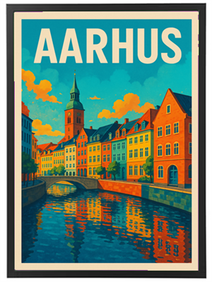 Et farverigt kunstværk, der viser Aarhus smukke bygninger og kanal.